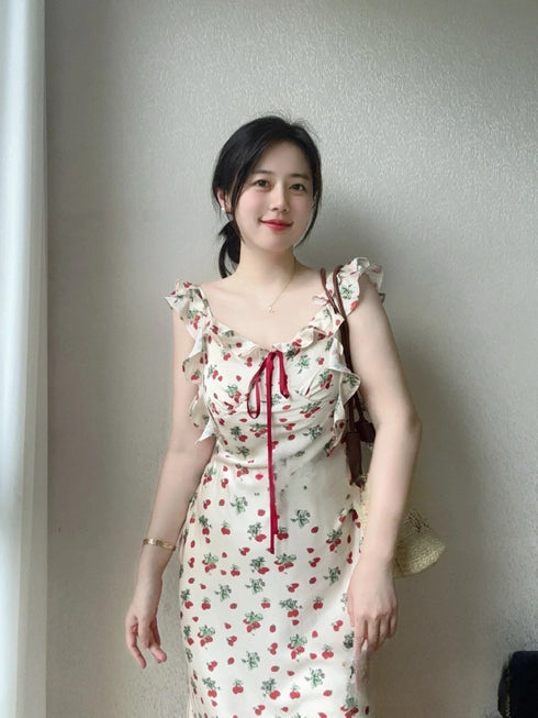 Printed Sleeveless Frills Straps Long Dresses
